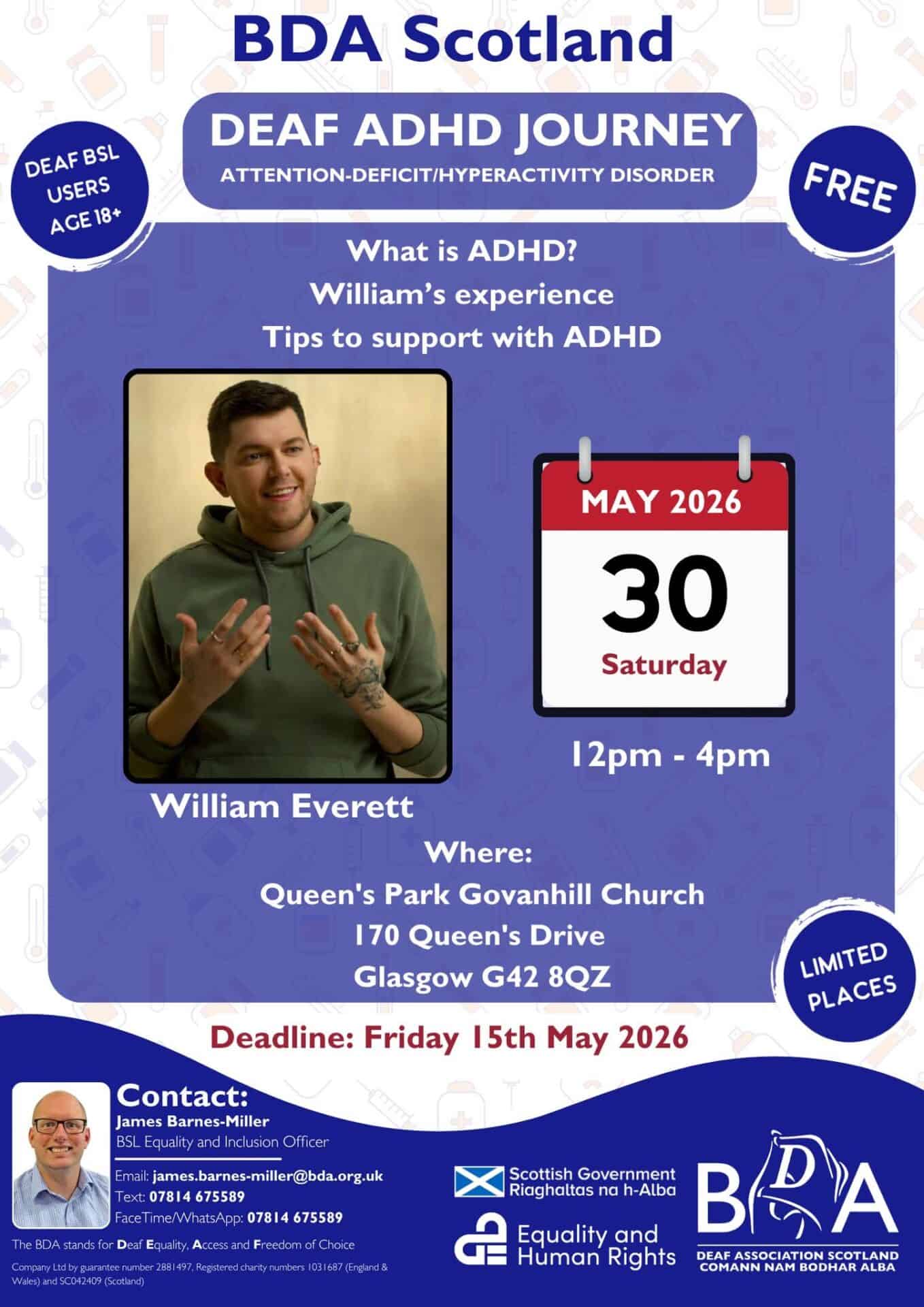 ADHD awareness event poster featuring William Everett at Queen's Park Govanill Church.