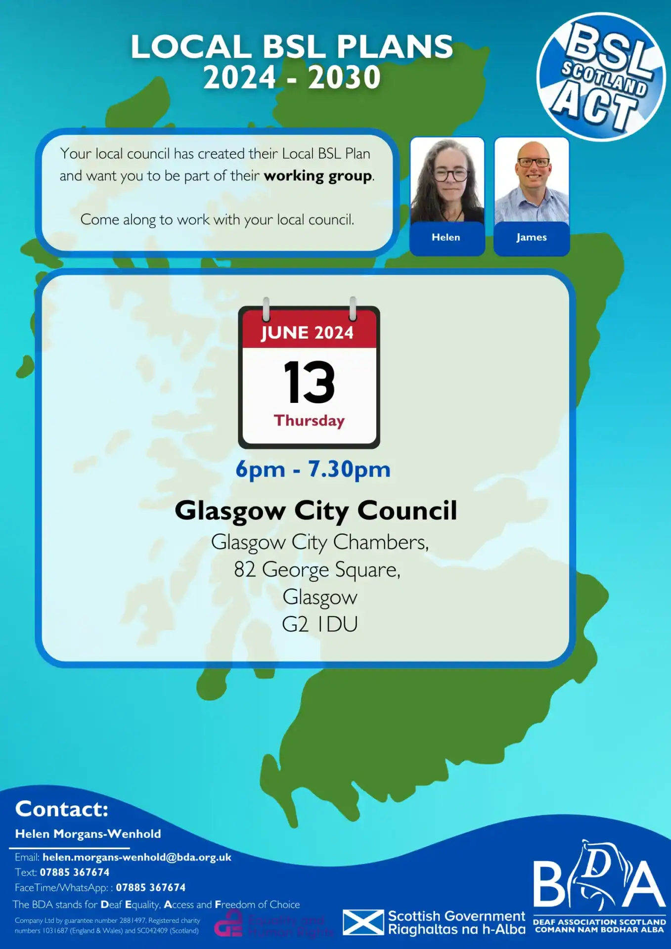 Scottish BSL Act 2015 local council meeting poster with date and location details.