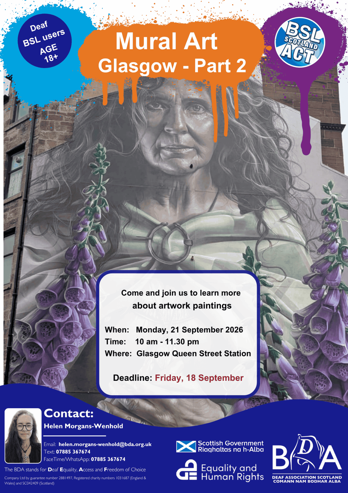 Mural artwork in Glasgow promoting BSL and deaf awareness, featuring a woman with purple flowers.
