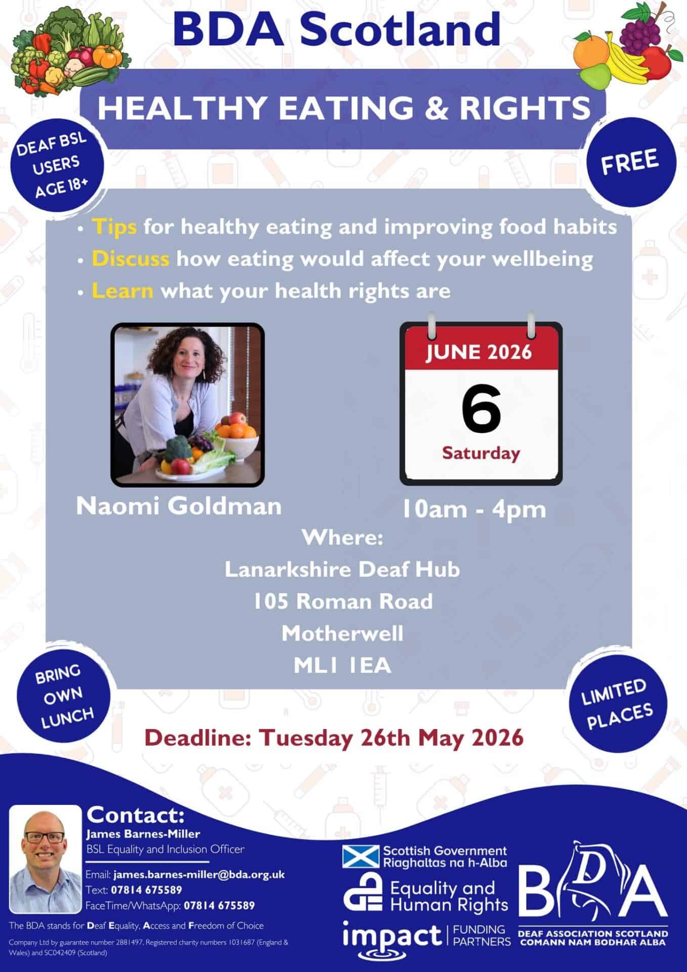 Event poster for BSL Scotland Act 2015 promoting healthy eating and rights.