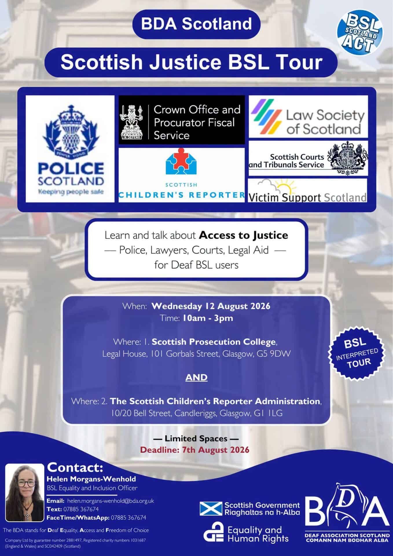 Scottish Justice BSL Tour poster with logos and event details for Deaf BSL users.