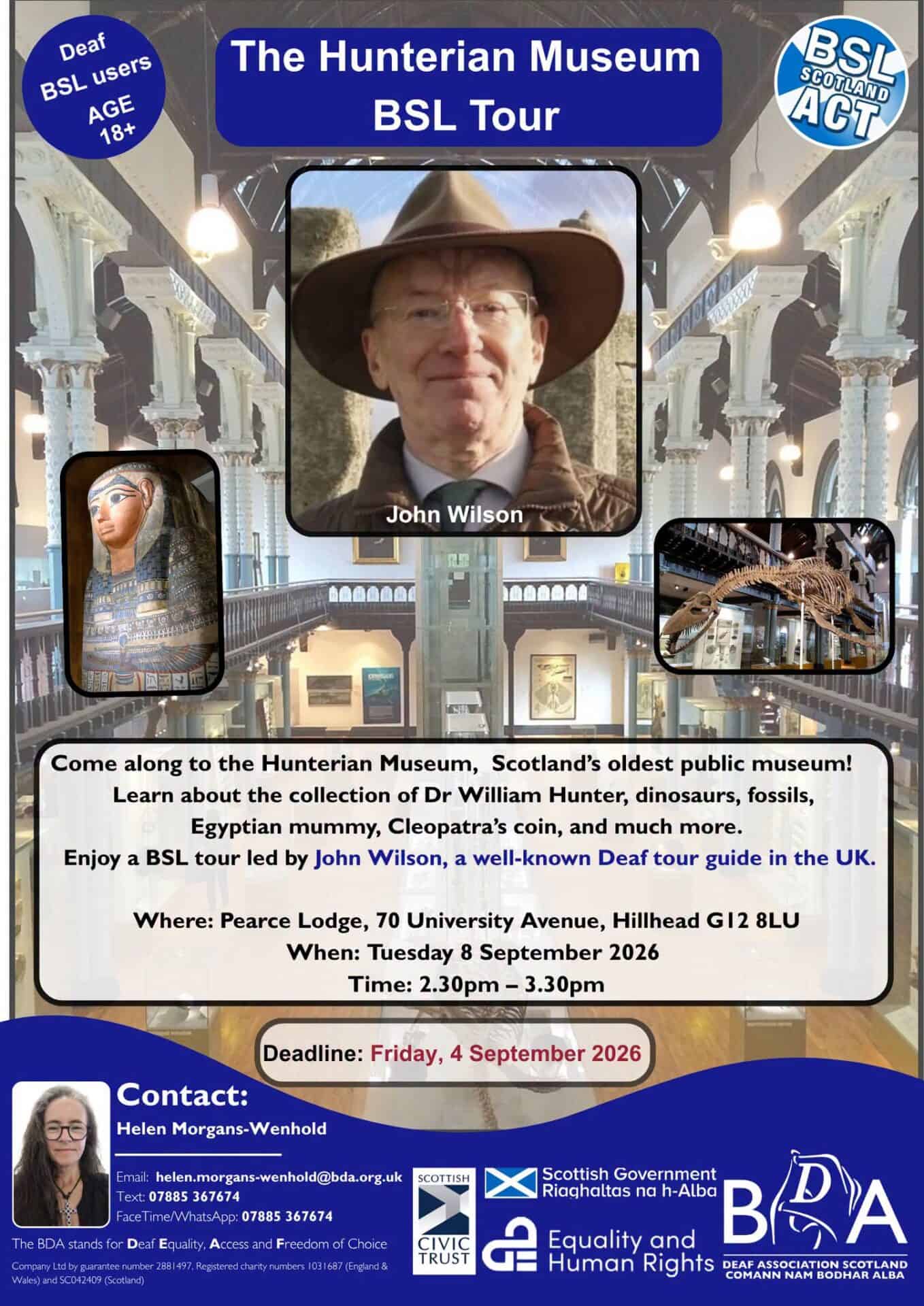Poster for Hunterian Museum BSL tour with John Wilson and event details.